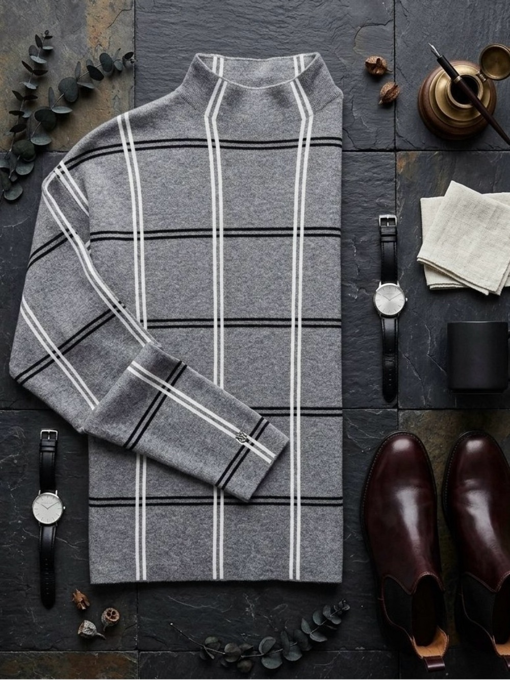 Max Studio Gray Plaid Mock Neck Sweater